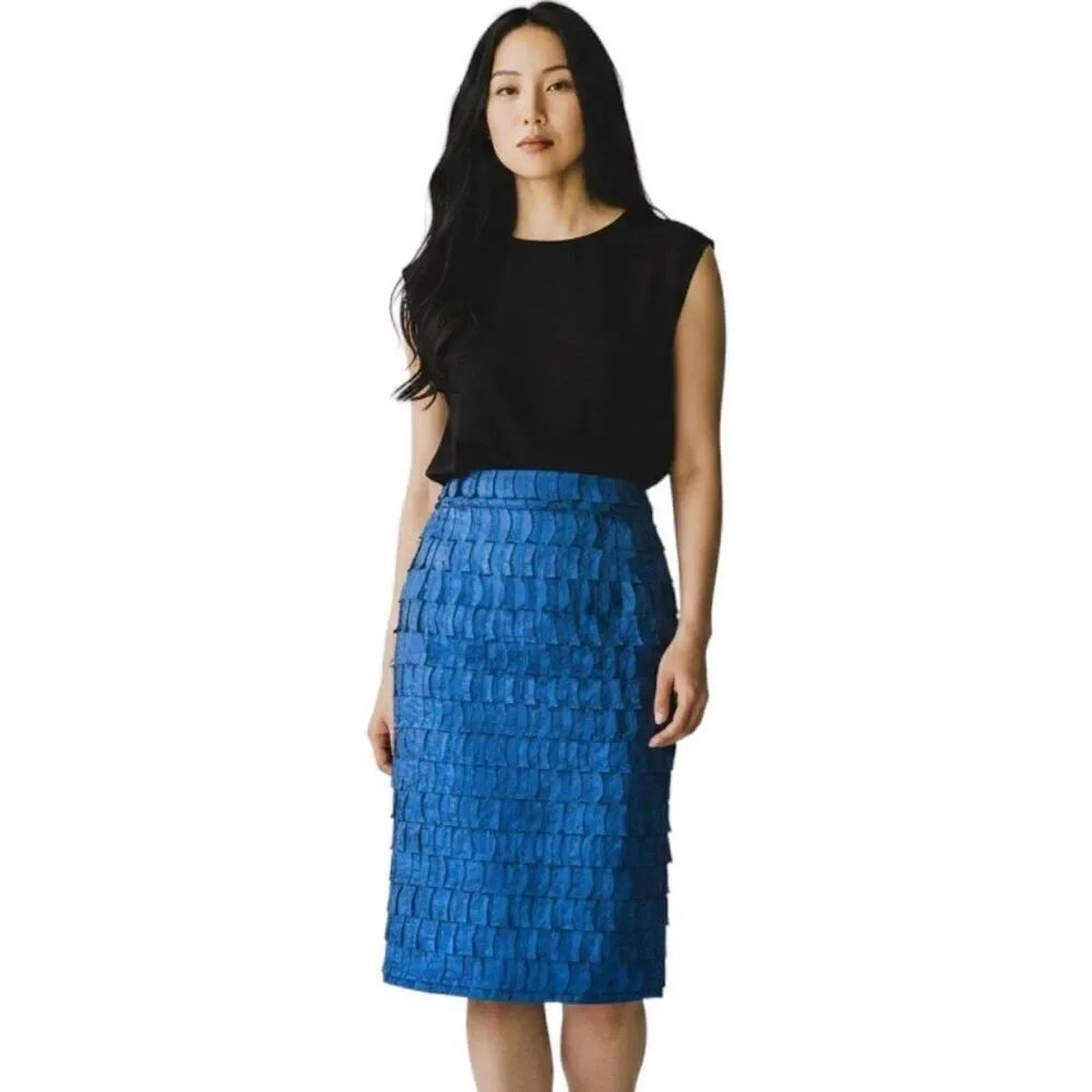 Krizia Poi Blue Linen Ribbon Applique Pencil Skirt IT 38 Made in Italy